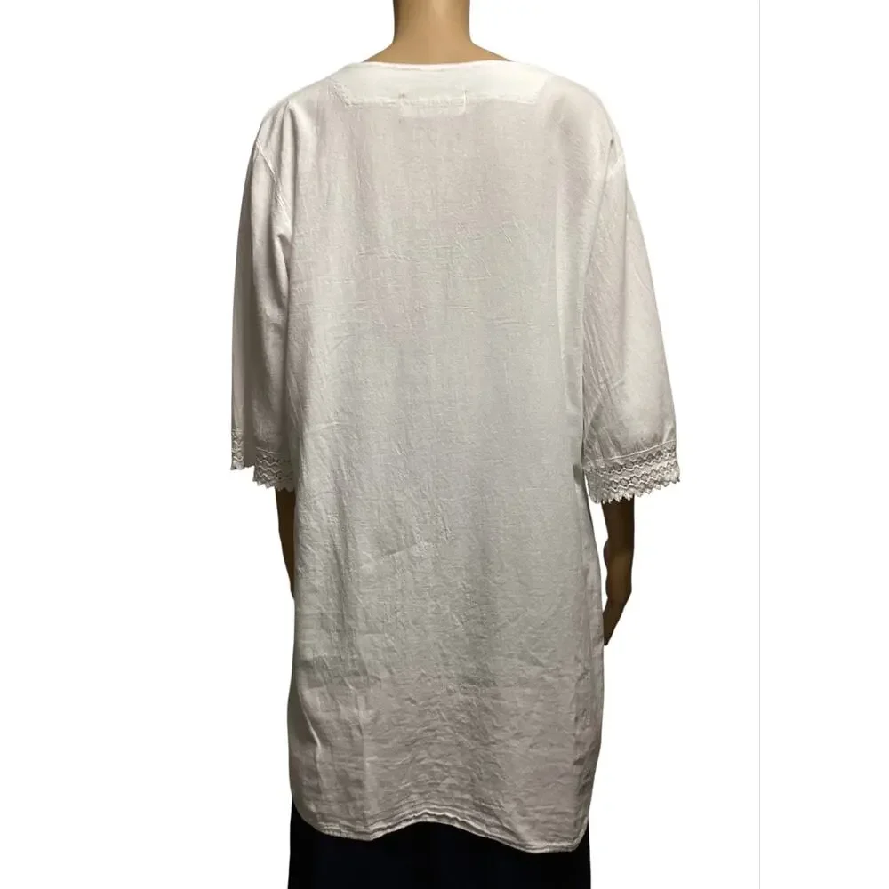 SEASPICE White 100% Peruvian Cotton Crochet Lace Trim V-Neck Tunic Cover Up sz M
